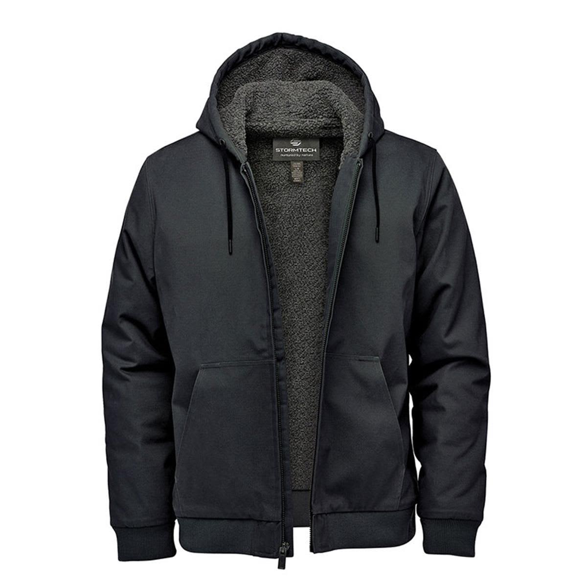 A black hooded jumper featuring a plush lining and front pockets, complete with a logo on the chest. Men's Tradesmith Hoody - Image 1