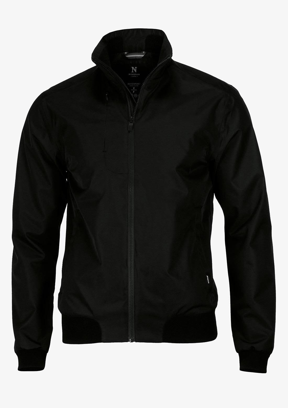 A black Davenport Men's jacket with a zip front and high collar, featuring ribbed cuffs and hem. Davenport Men Jacket - Image 1