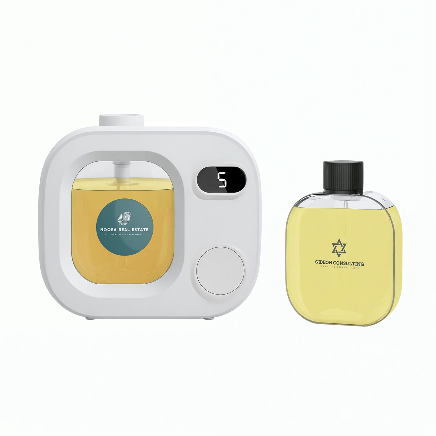 Aromatherapy diffuser in white with a digital display, alongside a clear bottle of essential oil. Aromatherapy Diffuser (Rechargeable) - Image 1