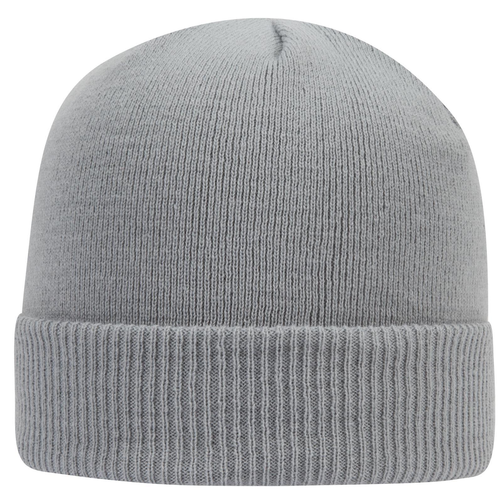 A grey knit beanie featuring a ribbed cuff and a logo on one side. 12" Classic Knit Beanie - Image 1