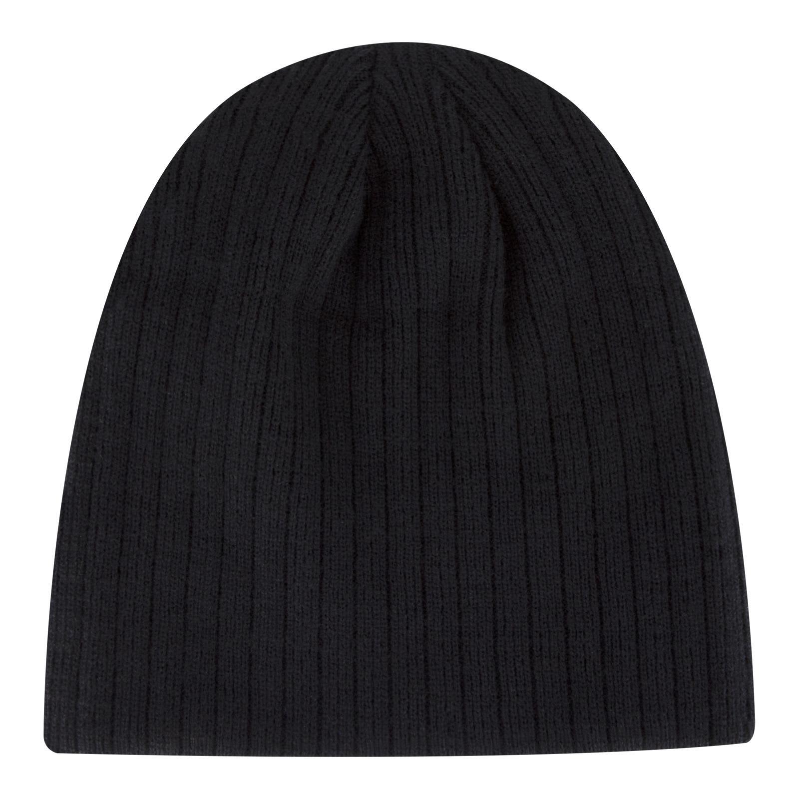 A black fine knit beanie with a ribbed texture and a logo on the side. 8 - Image 1