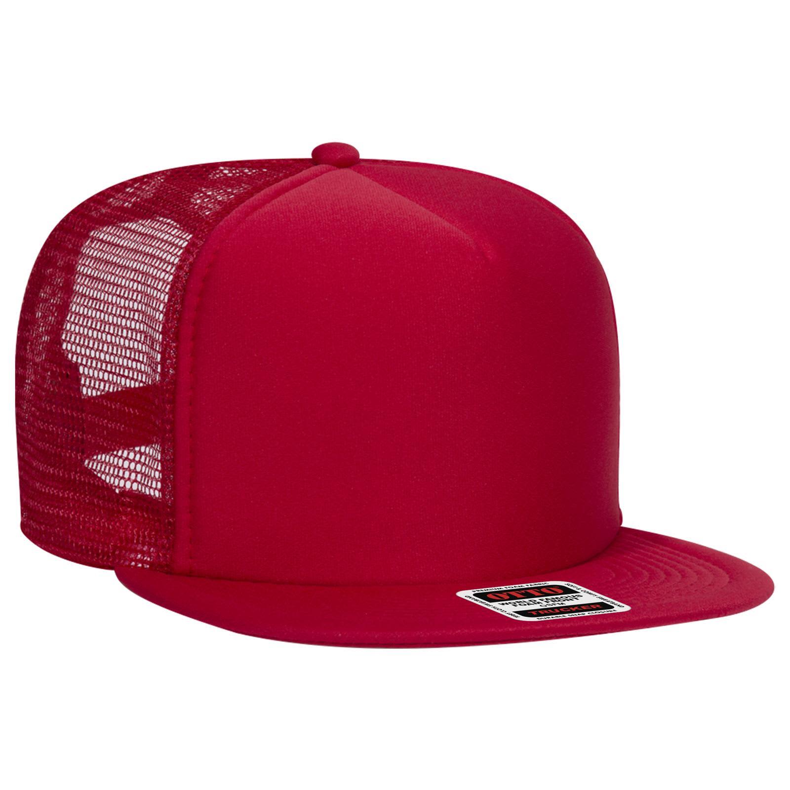 A red 5 panel high crown trucker cap with mesh sides and a flat brim, featuring a logo or branding. 5 Panel High Crown Trucker Cap - Image 1