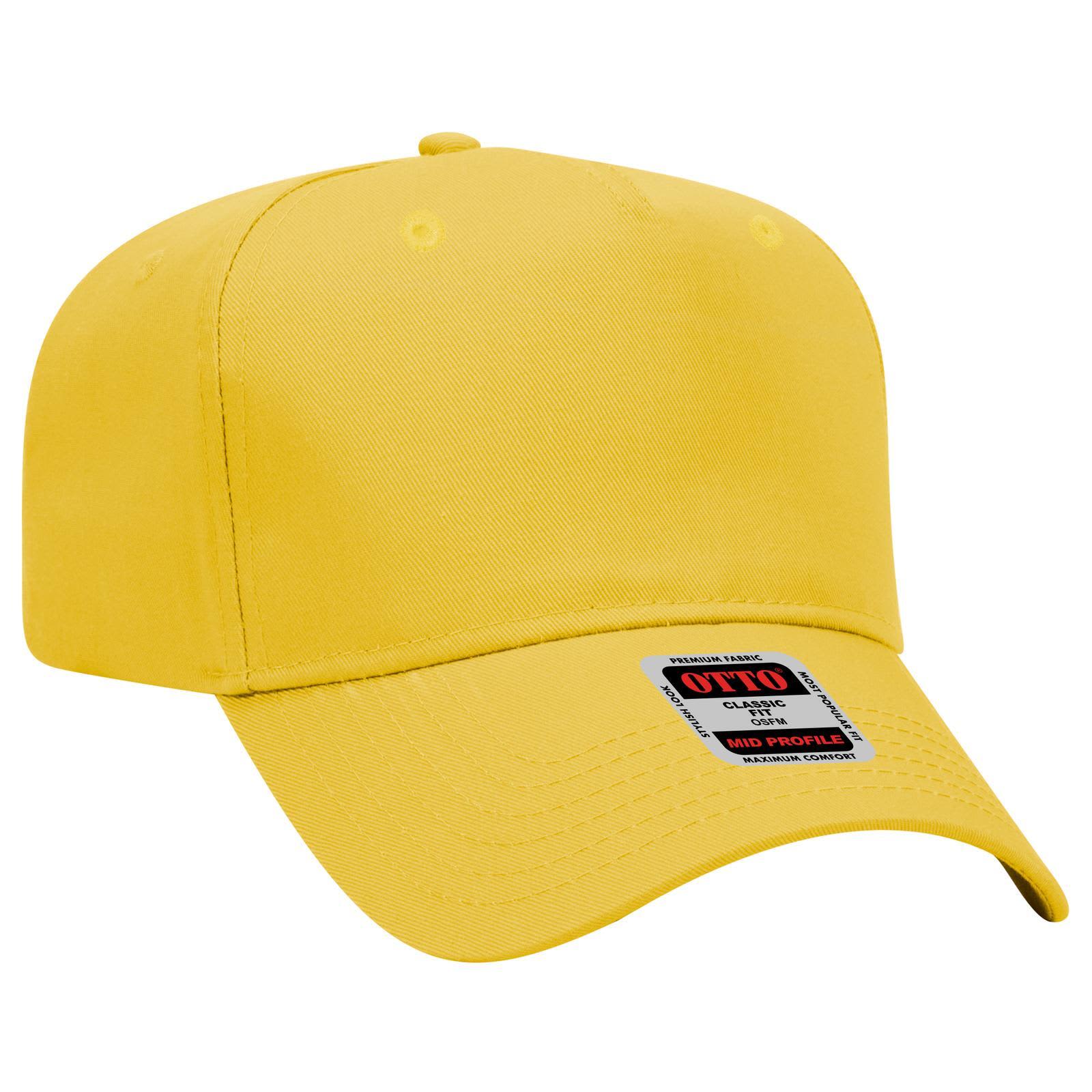 A yellow 5-panel mid crown baseball cap featuring a logo on the front. 5 Panel Mid Crown Baseball Cap - Image 1