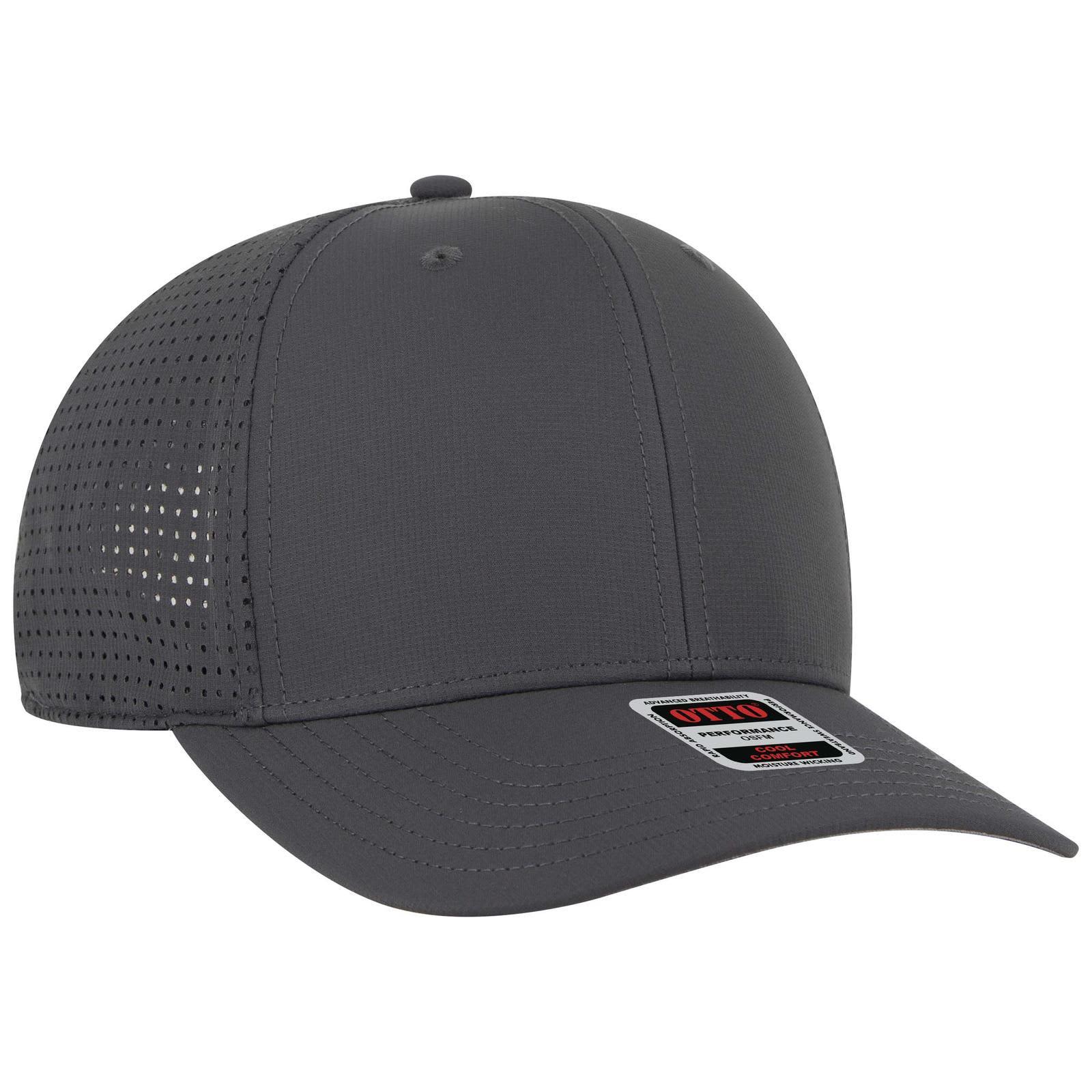 A grey 6 panel mid profile style baseball cap with a logo, featuring perforated detailing on the sides. 6 Panel Mid Profile Style Baseball Cap - Image 1