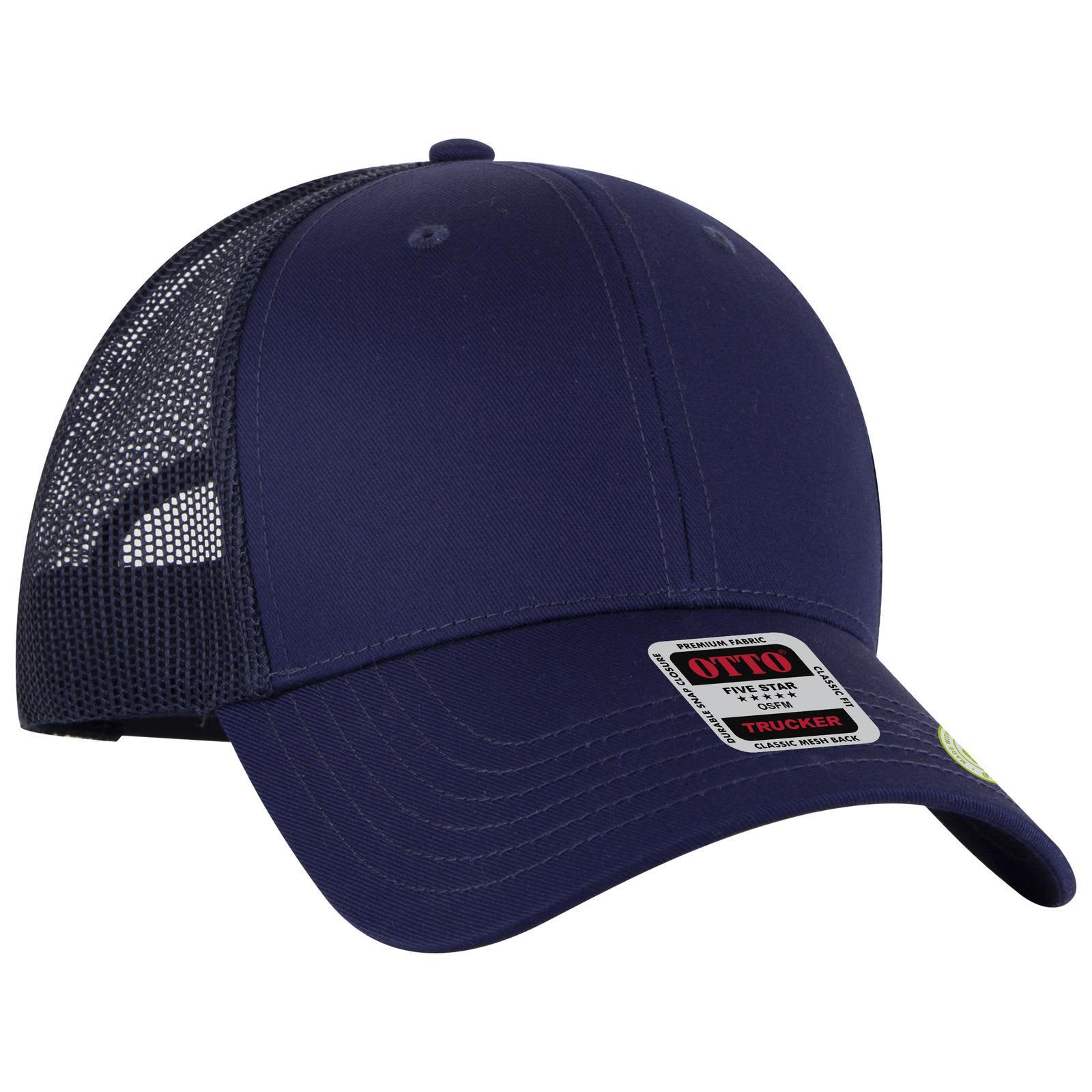 A navy low profile trucker cap with a mesh back and a logo on the front. Low Profile Trucker Cap - Image 1
