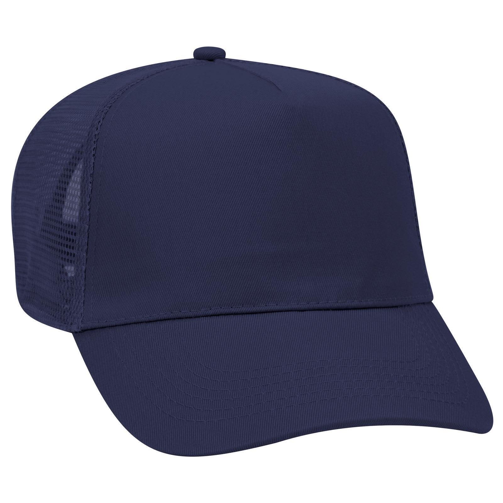 A navy blue 5 Panel Mid Profile Trucker Cap with a mesh back and a curved brim, featuring a logo. 5 Panel Mid Profile Trucker Cap - Image 1