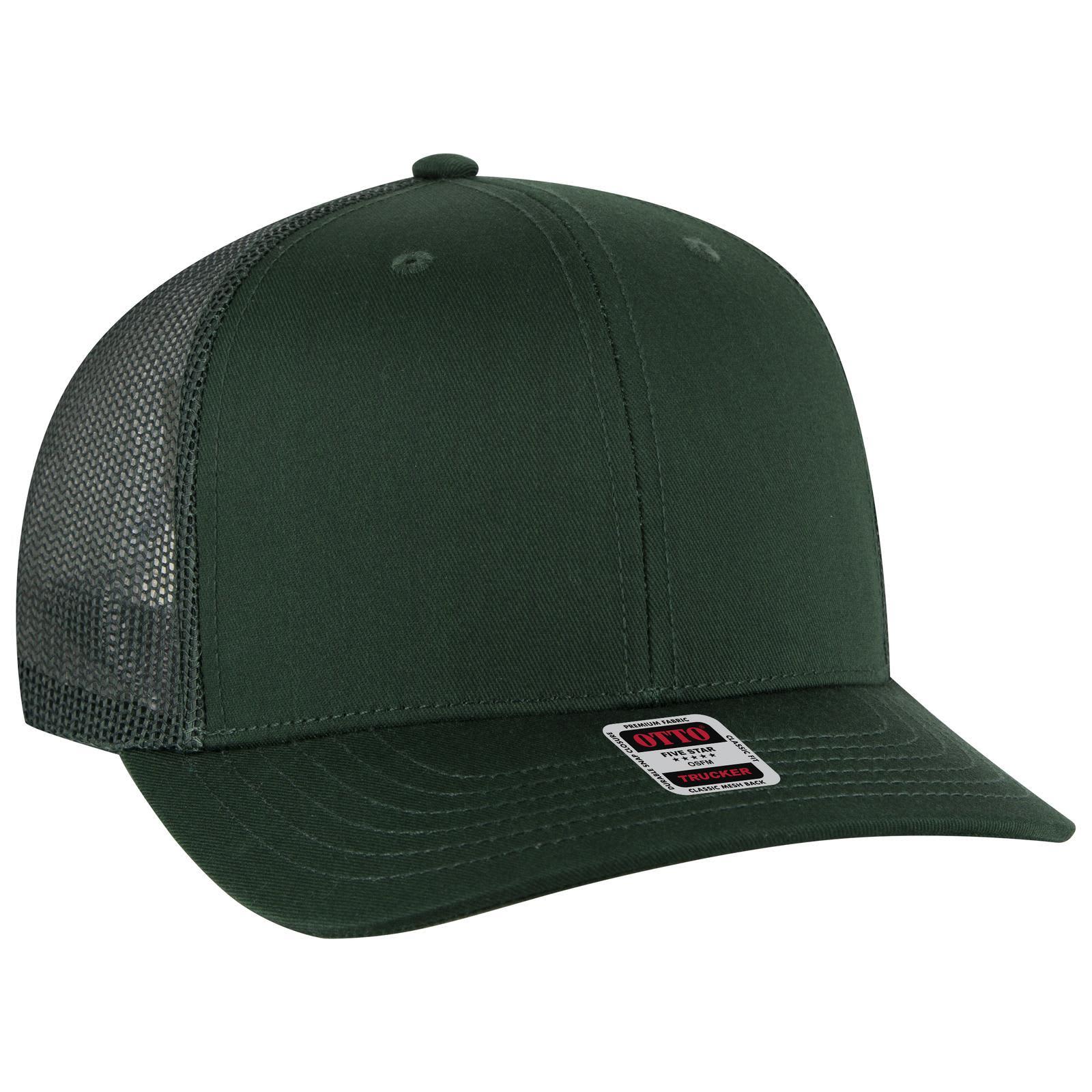 A dark green 6 panel mid profile trucker cap with a mesh back and a branded label on the front. 6 Panel Mid Profile Trucker Cap (Youth) - Image 1