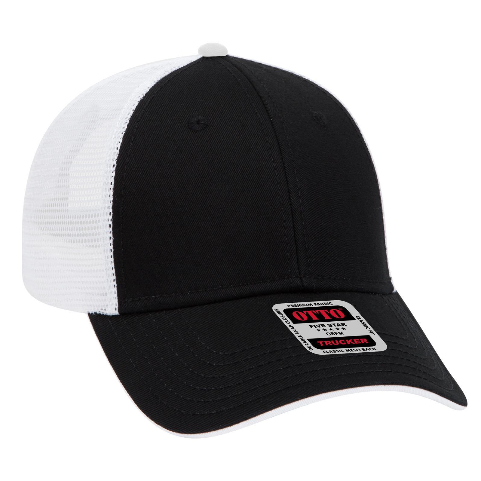 A low profile 6-panel trucker cap in black with a white mesh back and a logo on the front. 6 Panel Low Profile Trucker Cap - Image 1