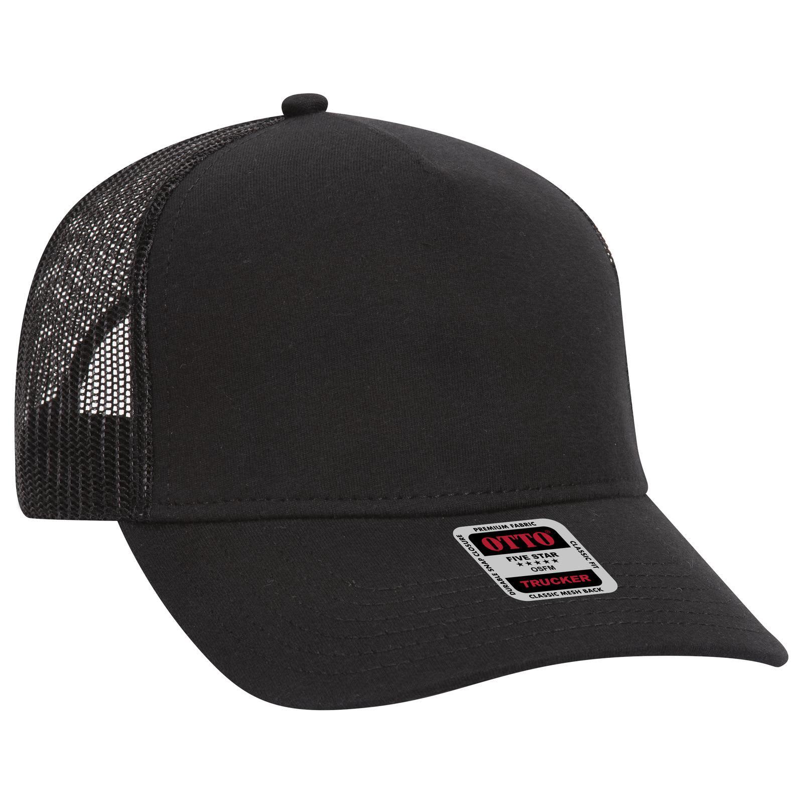 A black 5 panel mid profile trucker cap with mesh sides and a logo label on the front. 5 Panel Mid Profile Trucker Cap - Image 1