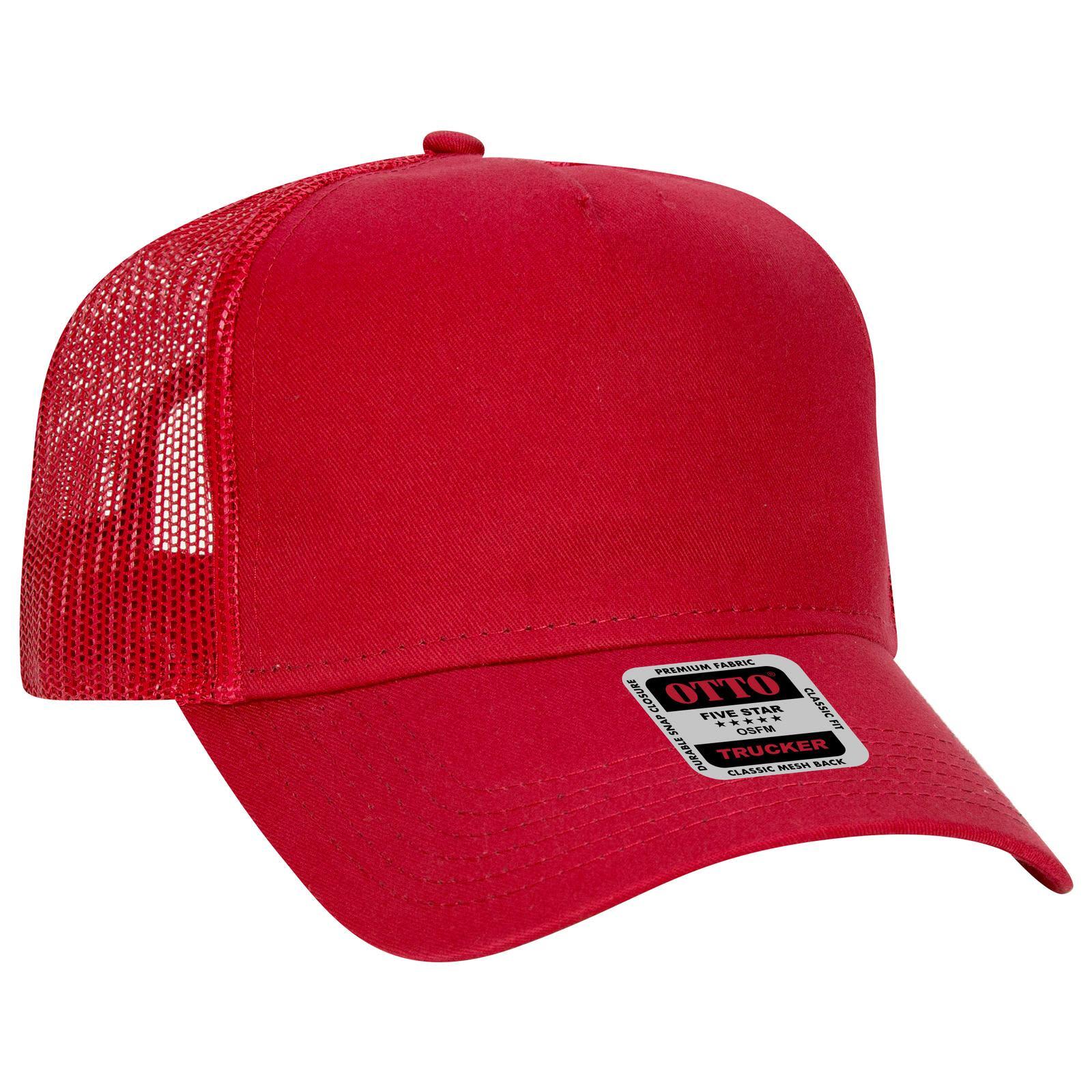 A red 5 panel low profile trucker cap with a mesh back and a logo on the front. 5 Panel Low Profile Trucker Cap - Image 1