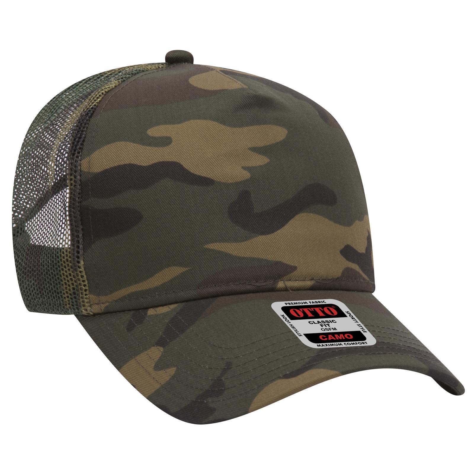 A camo-patterned 5 panel mid crown trucker cap with a mesh back and a branded label. Camo 5 Panel Mid Crown Trucker Cap - Image 1