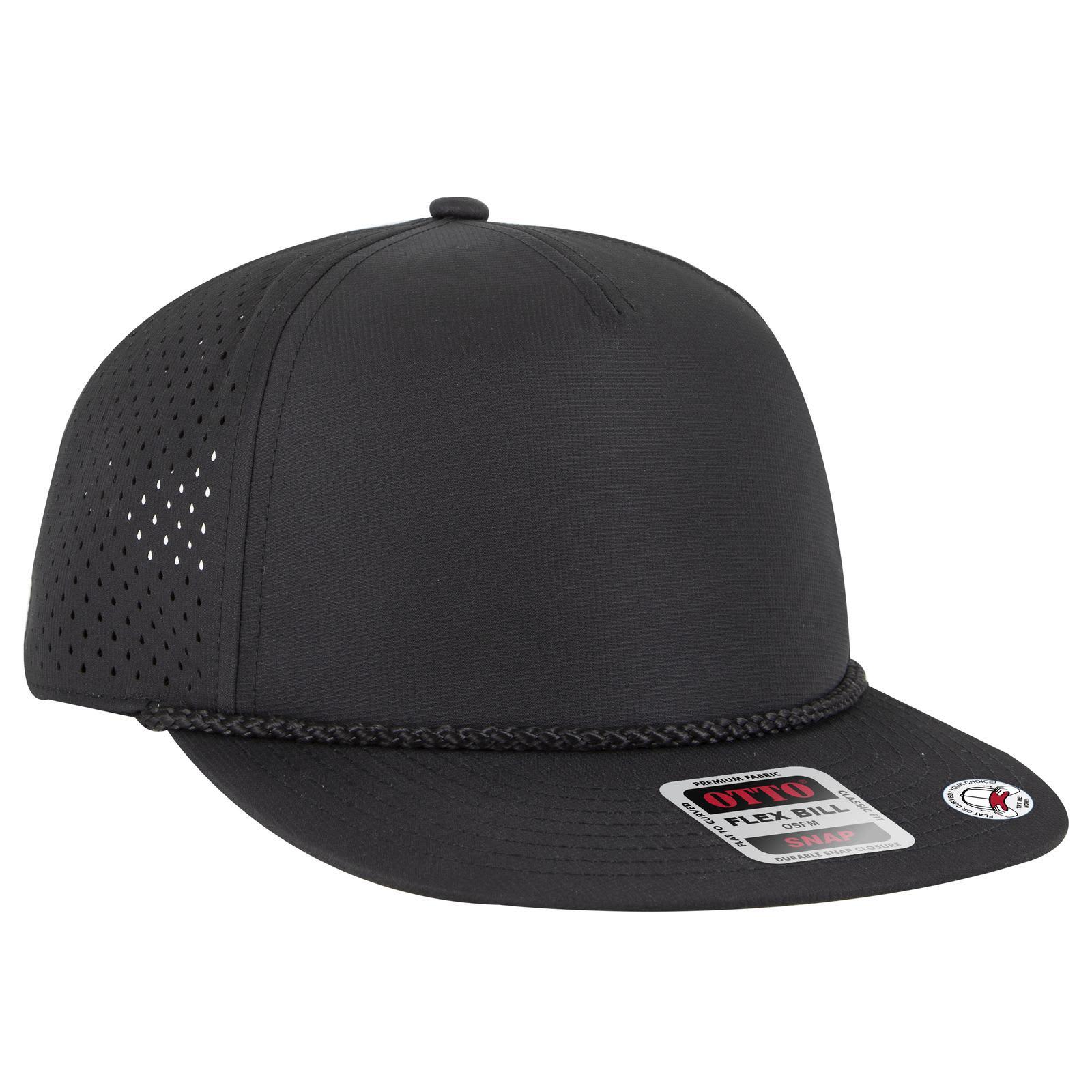 A black 5 Panel Pro Style Snapback Hat with ventilation holes and a decorative chain around the brim, featuring a logo. 5 Panel Pro Style Snapback Hat - Image 1