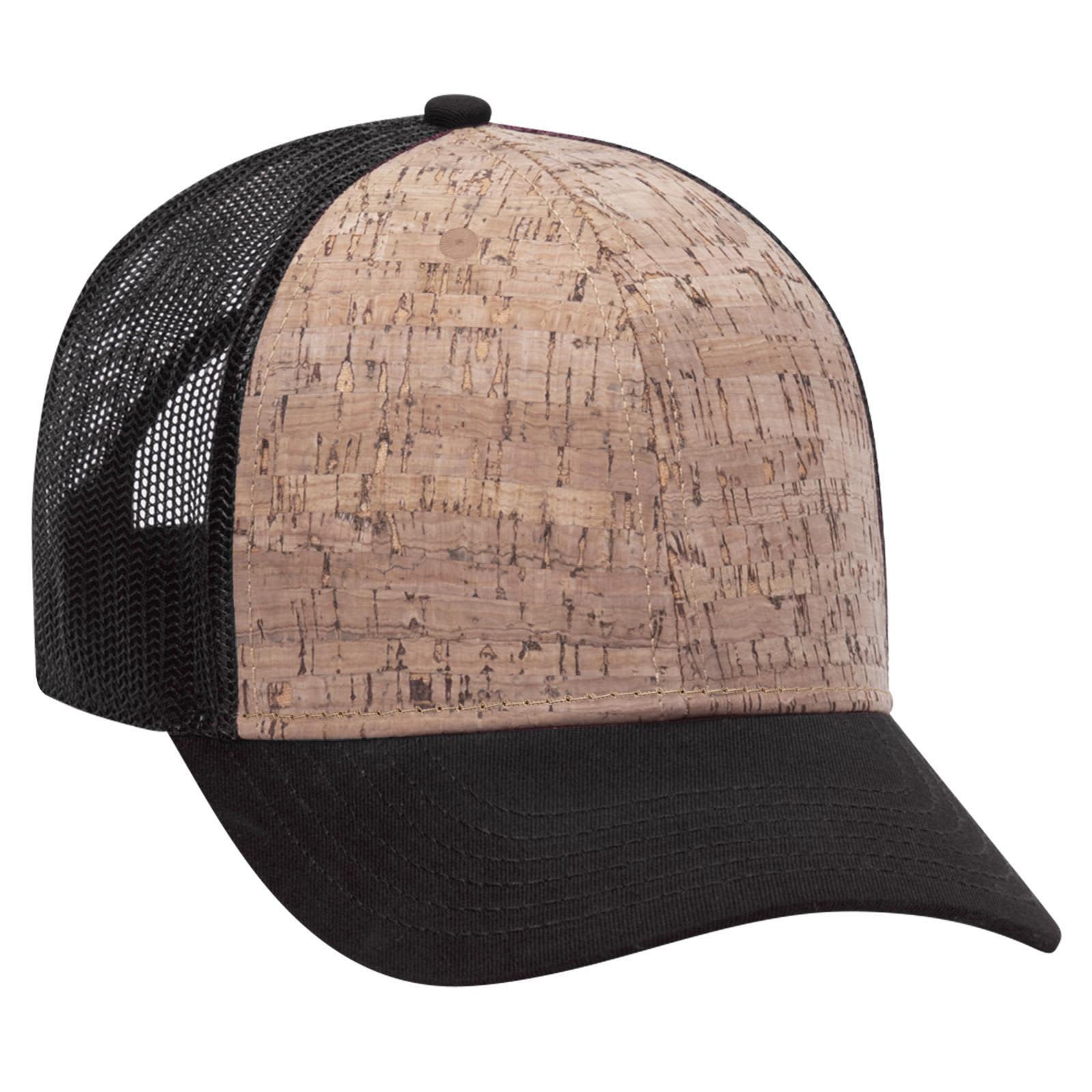 A 6 panel low profile trucker cap with a cork-patterned front and black mesh sides and brim. 6 Panel Low Profile Trucker Cap - Image 1