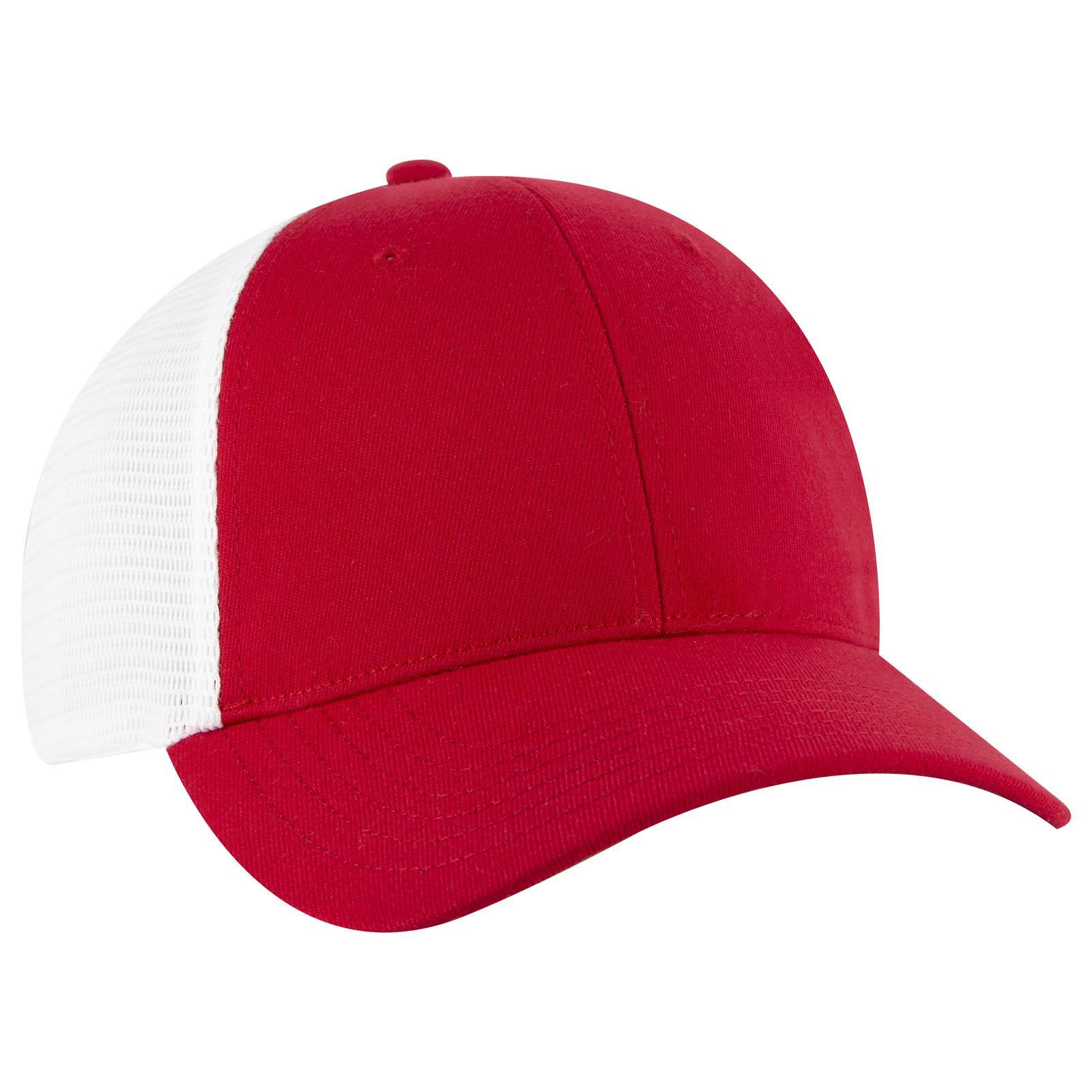 A red and white Flex Fit 6 Panel Low Profile Trucker Cap featuring a solid front and mesh back, with a logo. Flex Fit 6 Panel Low Profile Trucker Cap - Image 1