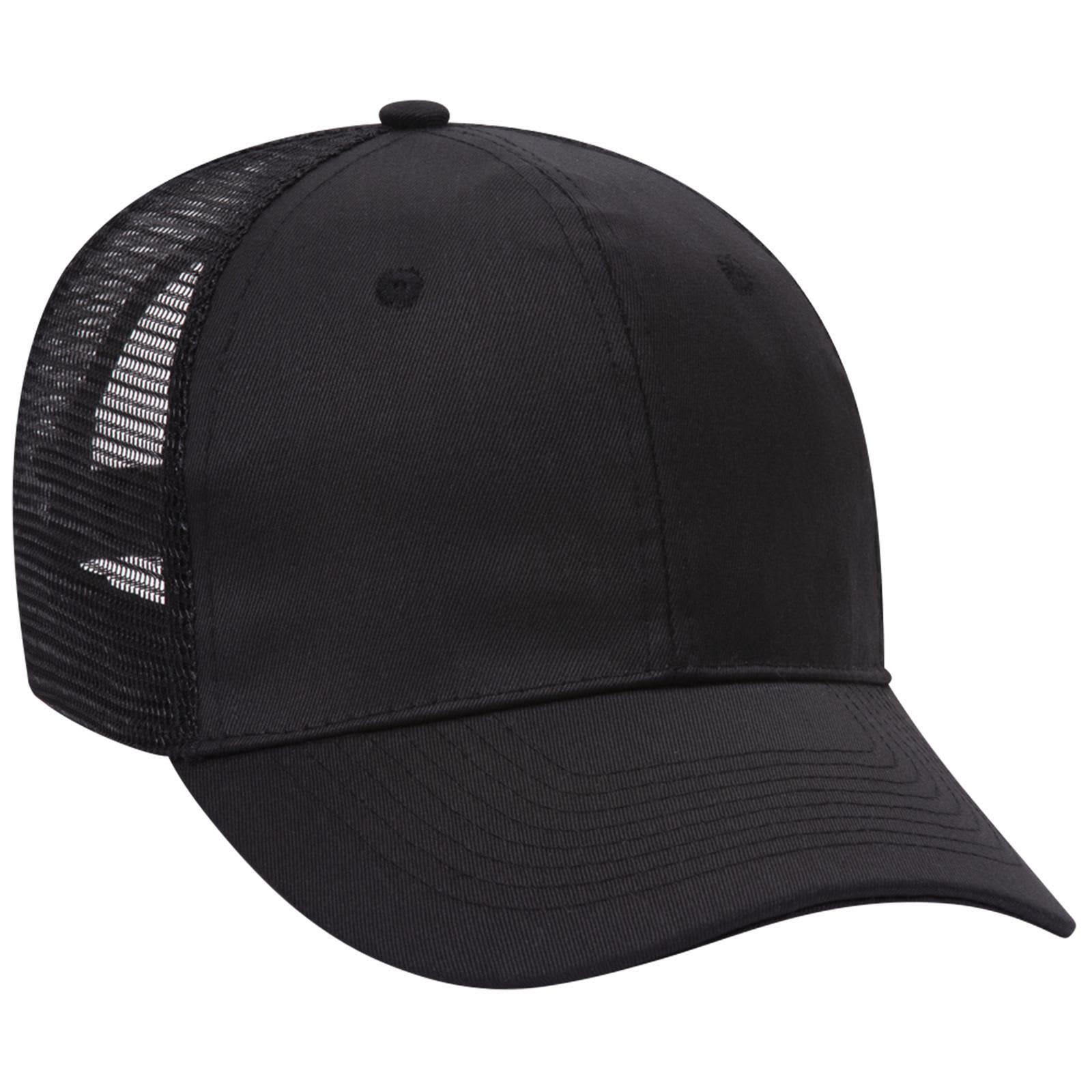A black 6 panel mid-profile trucker cap with a mesh back and a logo on the side. 6 Panel Mid Profile Trucker Cap - Image 1