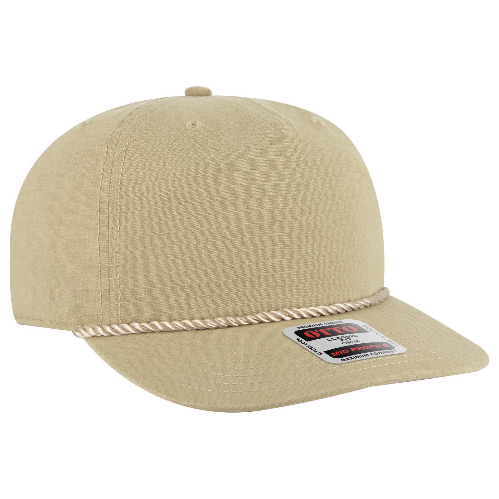 A beige 5 panel mid-profile baseball hat with a rope detail and a logo on the front. 5 Panel Mid Profile Baseball Hat - Image 1