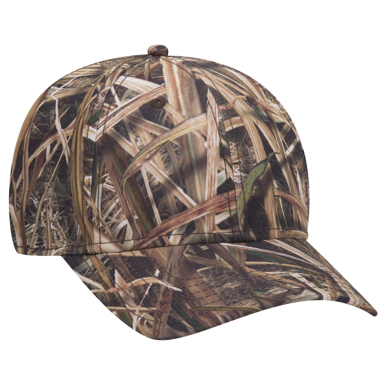 A camo-patterned 6 panel low profile baseball cap featuring shades of green and brown. It has a logo on the side. Camo 6 Panel Low Profile Baseball Cap - Image 1