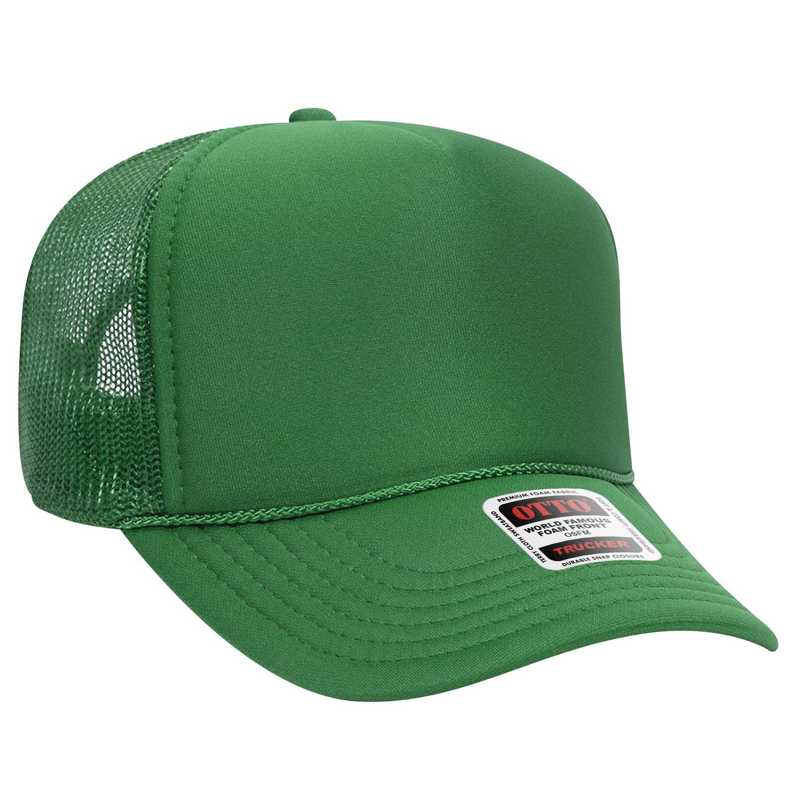 A green 5 panel mid profile trucker cap with a mesh back and a branding label. 5 Panel Mid Profile Trucker Cap - Image 1
