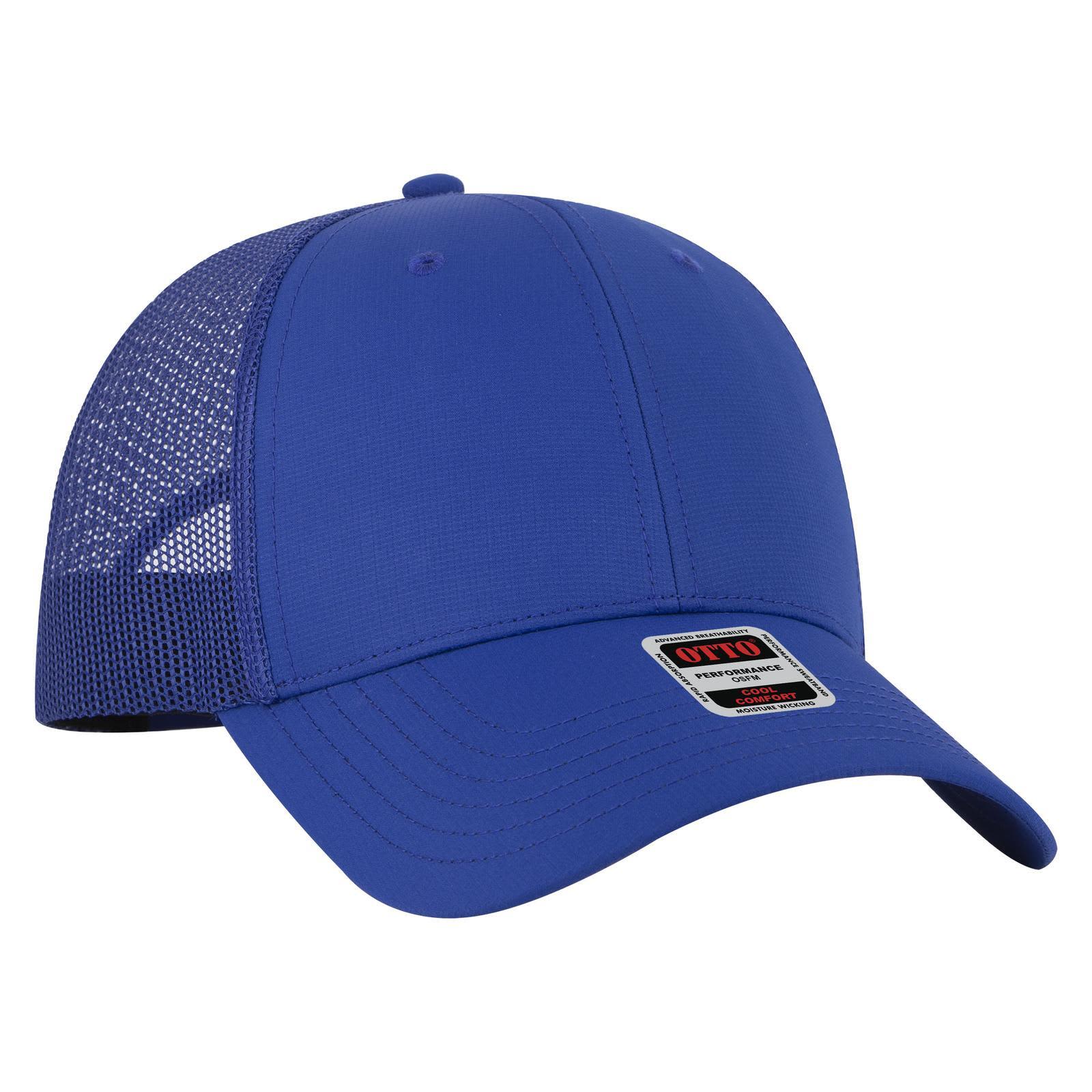 A blue low profile trucker cap with a mesh back and a logo badge on the front. Low Profile Trucker Cap - Image 1