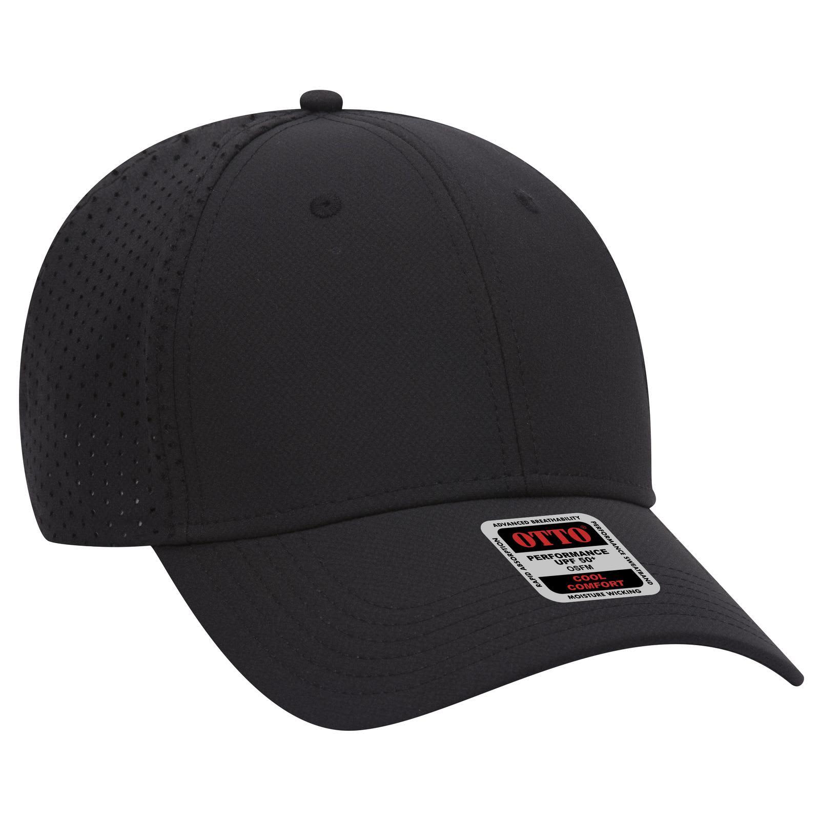 A low profile black baseball cap with ventilation holes and a branded tag on the front. 6 Panel Low Profile Baseball Cap - Image 1