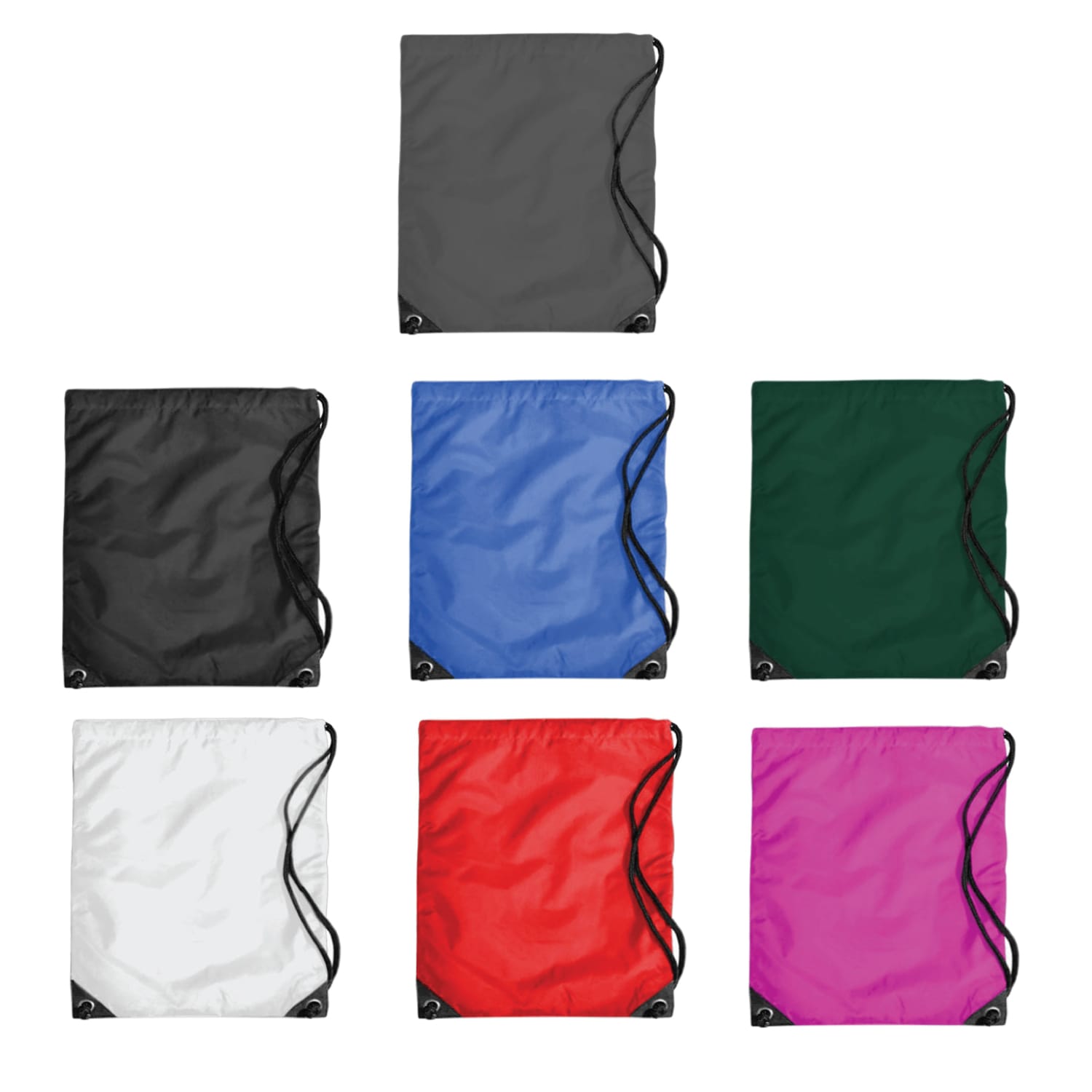 A set of Economy Duffle Bags in grey, blue, green, white, red, and pink, each with drawstring closures and branding. Economy Duffle Bag - Image 1