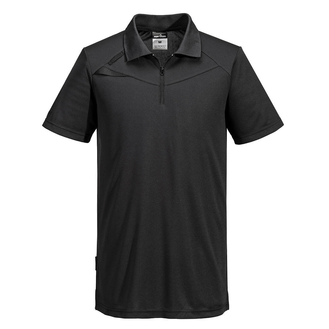 A black short-sleeve polo shirt with a zip collar, featuring a logo on the chest. DX4 Polo Shirt S/S - Image 1