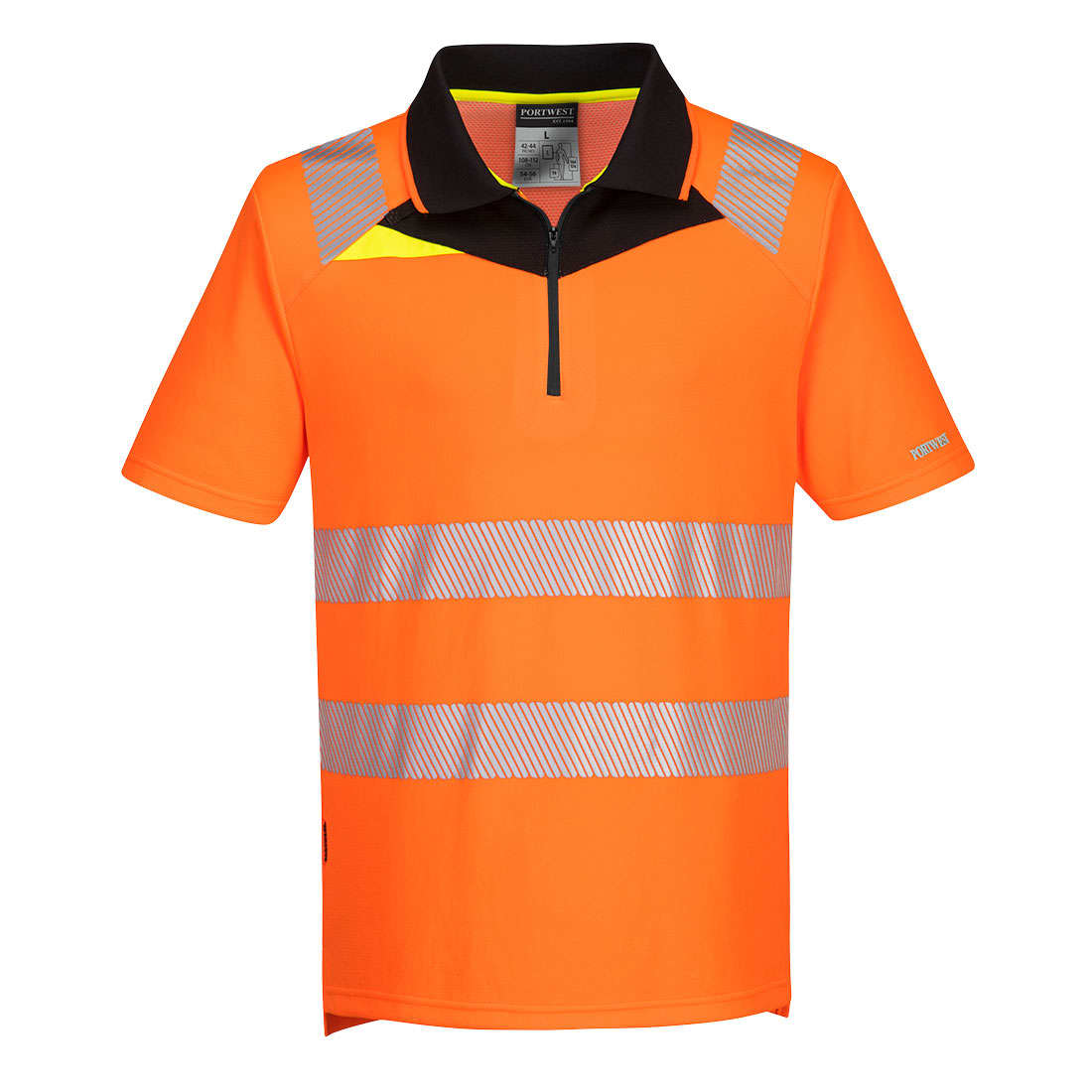 Hi-vis short-sleeve polo shirt in orange with reflective stripes and a black collar. Features a logo branding. DX4 Hi-Vis Zip Polo Shirt S/S - Image 1