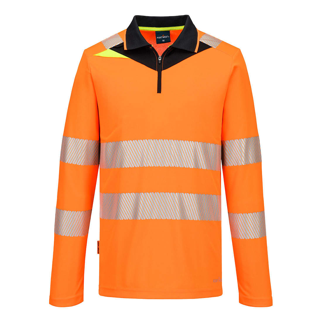 A long-sleeve polo shirt in bright orange with reflective stripes and a black collar. Includes a logo. DX4 Hi-Vis Polo Shirt L/S - Image 1