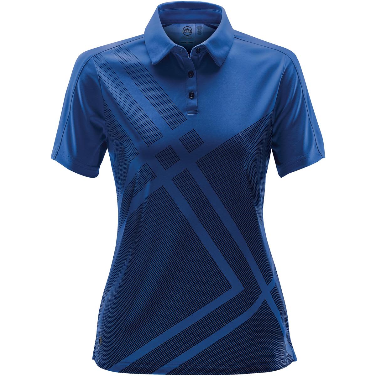 A women's polo shirt in a vibrant blue, featuring a geometric pattern and a logo on the chest. Women's Reflex Polo - Image 1
