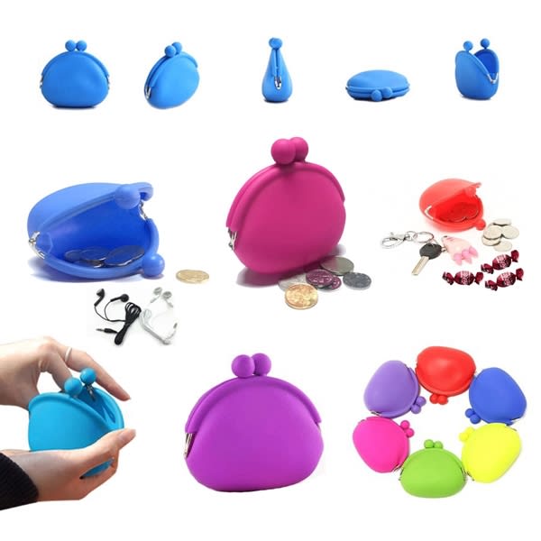A collection of silicone coin purses in various colours, including blue, pink, purple, and red, featuring a clasp and rounded design. Silicone Coin Purse - Image 1
