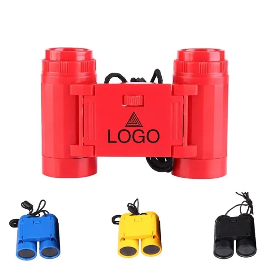 Red binoculars with a logo, accompanied by blue, yellow, and black versions. Each has a strap for easy carrying. Children Binoculars Toy - Image 1