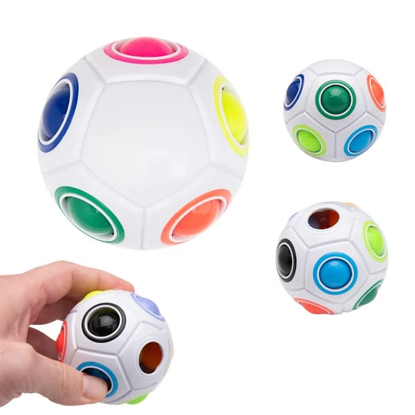 A white stress ball in the shape of a soccer ball, featuring colourful buttons in pink, green, blue, yellow, and orange. Stress Pop Ball - Image 1