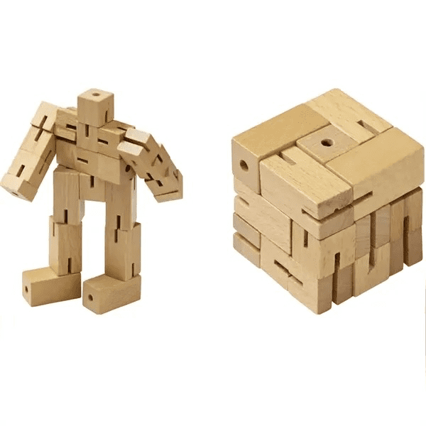 A 3D wood puzzle set featuring natural wooden blocks, including a figure and a cube, with an attached logo. 3D Wood Puzzle - Image 1