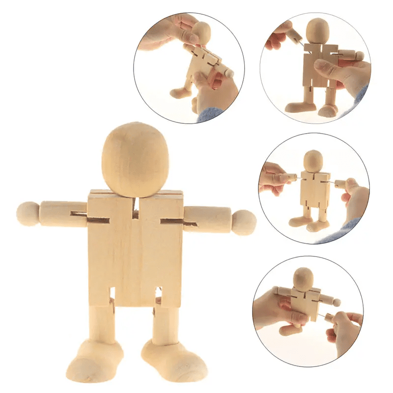 Wooden robot figures in natural wood colour, featuring movable joints and a simple design, handled in various poses. Wooden Robot Figures - Image 1