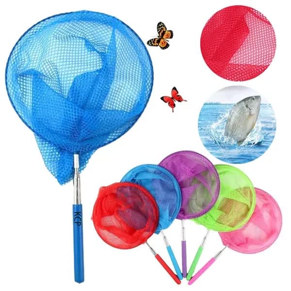 A collection of retractable net toys in blue, red, green, purple, and pink, with a metallic handle and mesh netting. Retractable Net Toy - Image 1