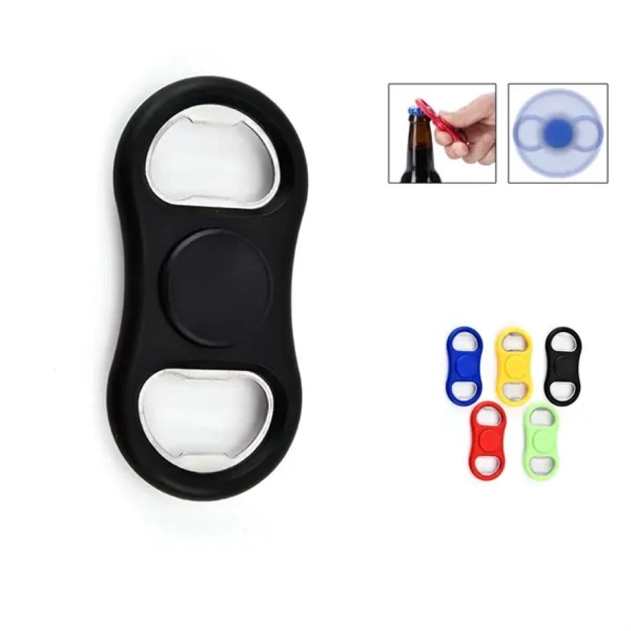 A drink bottle opener with a fidget spinner design in black, featuring a central spinner and two bottle opener ends. Bottle Opener with Fidget Spinner - Image 1