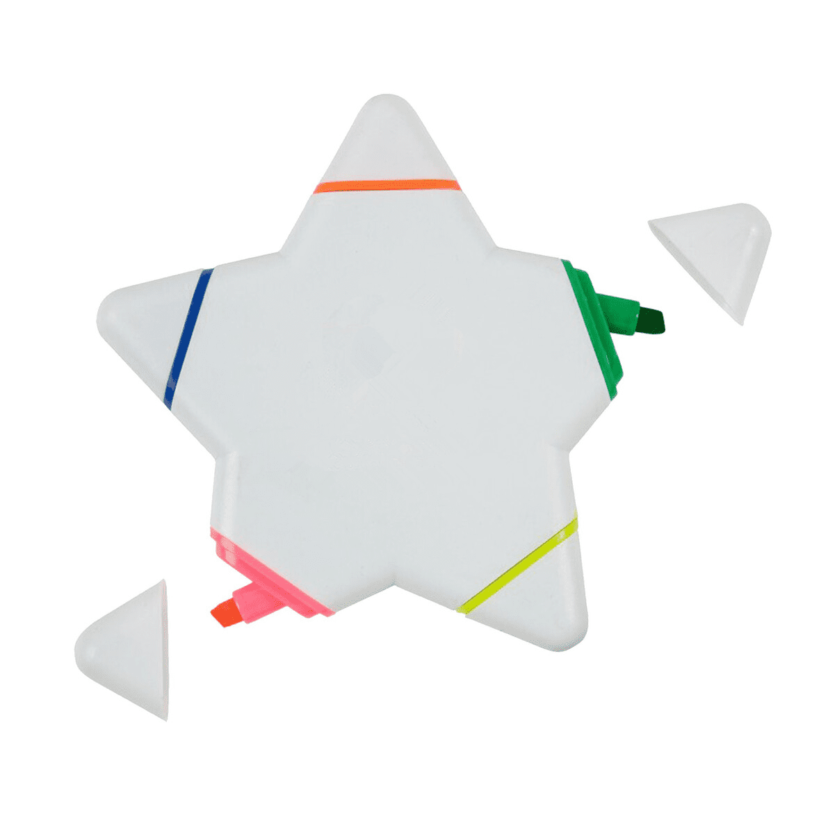 A star-shaped highlighter pen in white with pink, green, orange, and blue tips, featuring removable caps. Star Shaped Highlighter Pen - Image 1