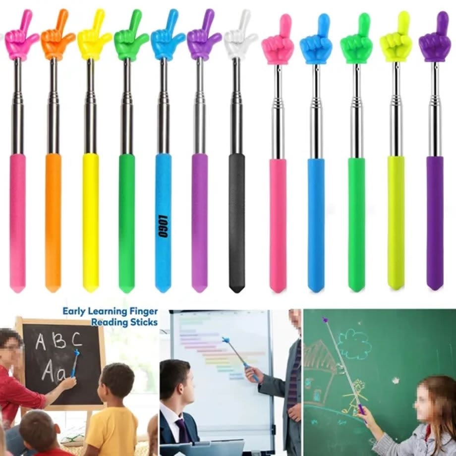A set of colourful telescopic pointing sticks with various finger designs, featuring neon orange, pink, green, and blue colours. Telescopic Teacher Pointer Stick - Image 1