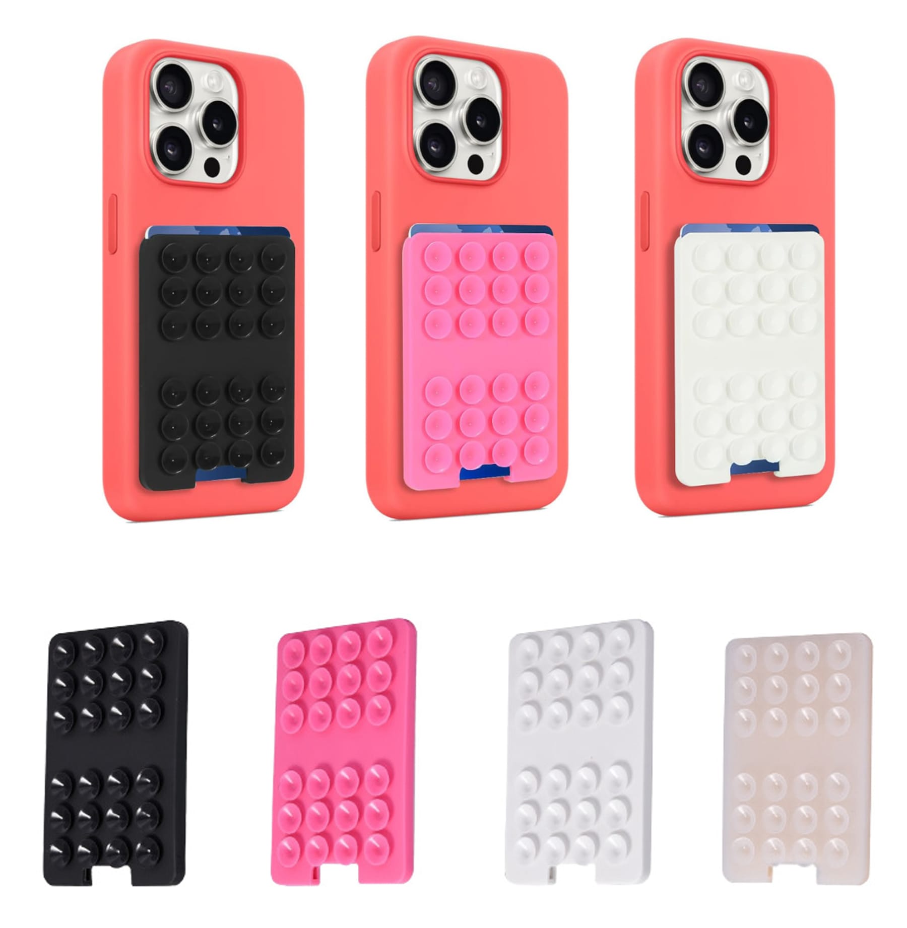 Silicone cell phone wallets in coral, black, pink, and white, featuring suction cups on the back for attachment. Silicone Cell Phone Wallet With Suction Cup - Image 1