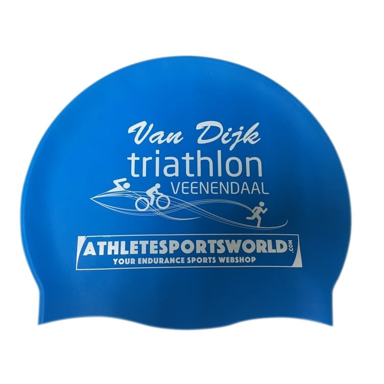A blue silicone swimming hat featuring a logo and graphic design. Suitable for swimming and triathlon. Silicone Swimming Hat - Image 1
