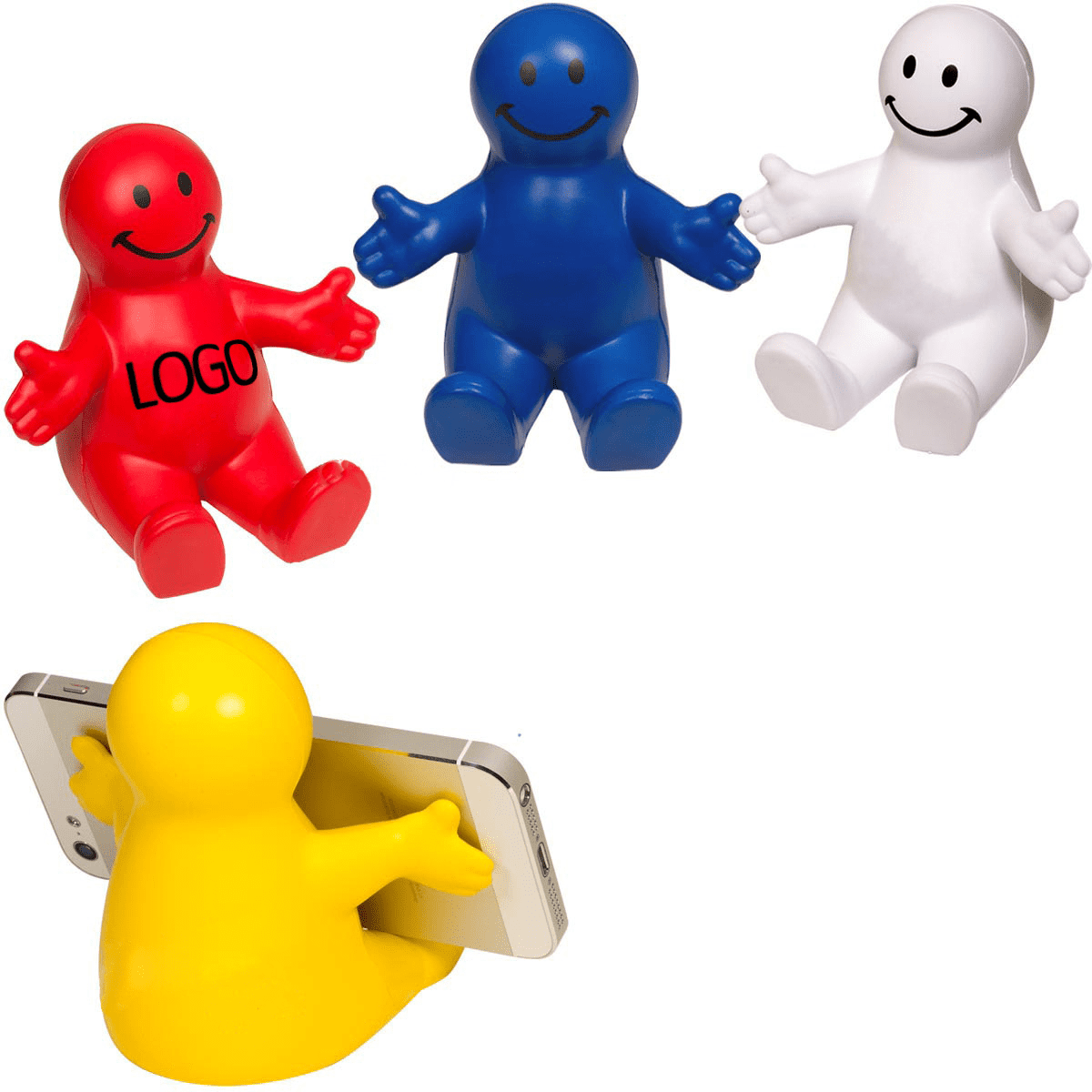 A red, blue, white, and yellow figurine stress reliever toy, with the yellow one functioning as a phone holder. PU Stress Reliever Toy / Phone Holder - Image 1