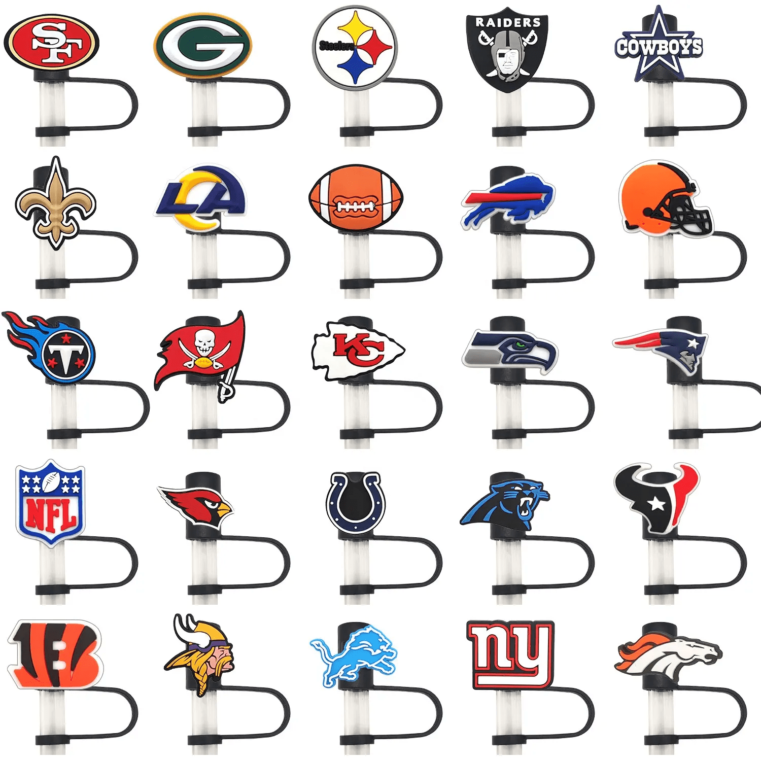 A drink bottle accessory featuring various team logos in multiple colours, each on a straw cover. Personality Straw Cover - Image 1
