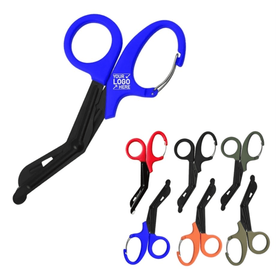 A blue medical scissor with a carabiner, displayed with versions in black, orange, green, and red. Includes a logo. Medical Scissor With Carabiner - Image 1