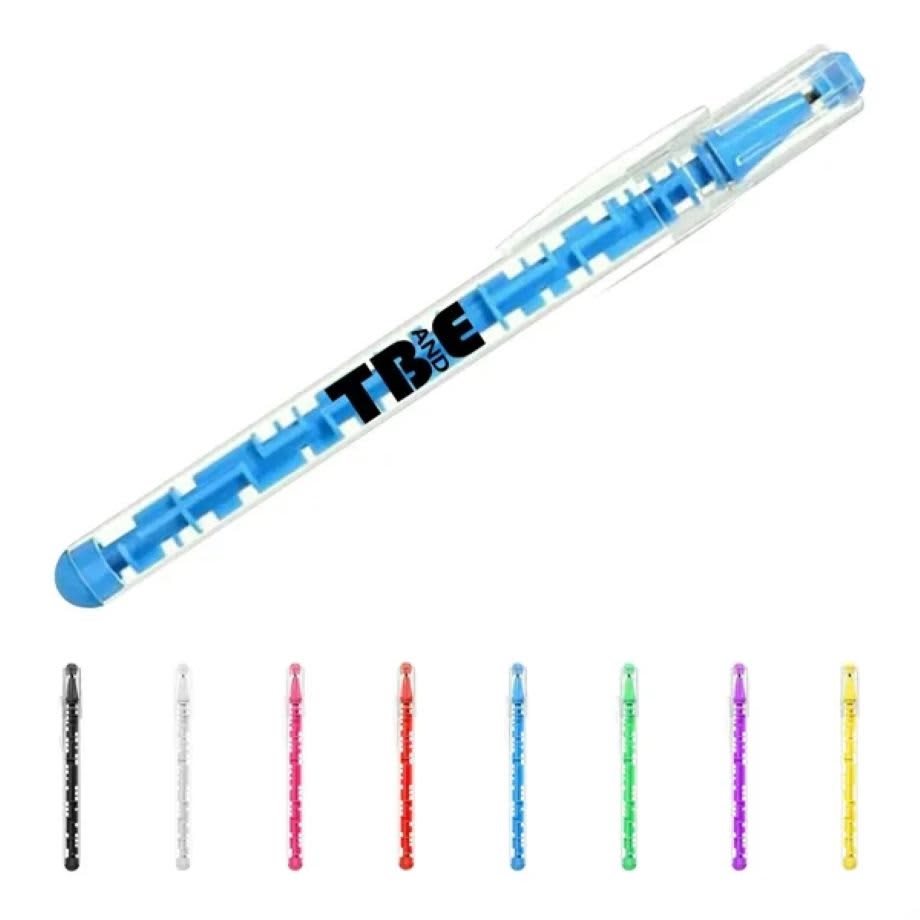 A blue ballpoint pen with a transparent body featuring a maze design, alongside pens in black, white, red, green, and yellow. Maze Ballpoint Pen - Image 1