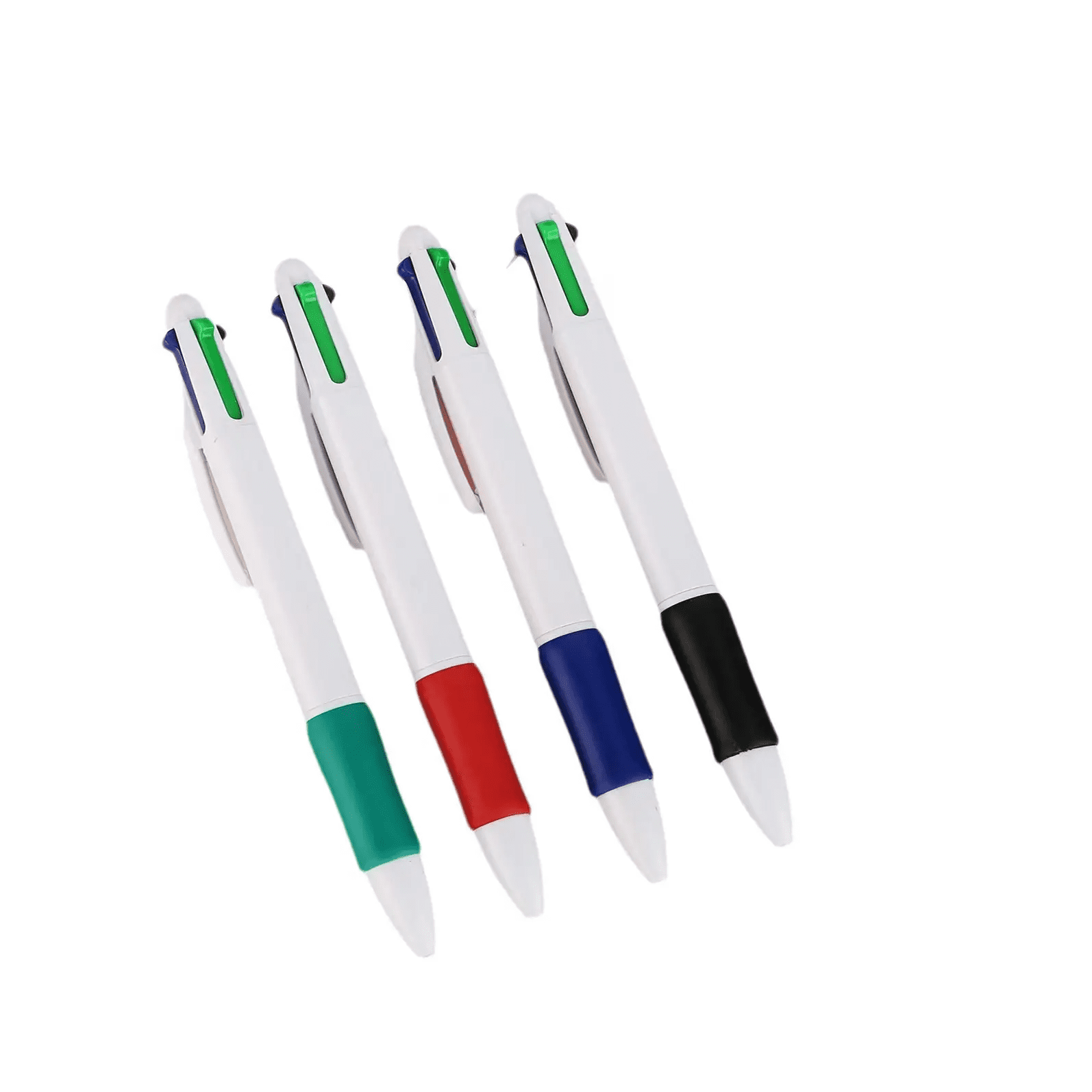 A set of four plastic ballpoint pens in green, red, blue, and black, featuring a white body and a logo. 4 Color In 1 Ballpoint Pen - Image 1