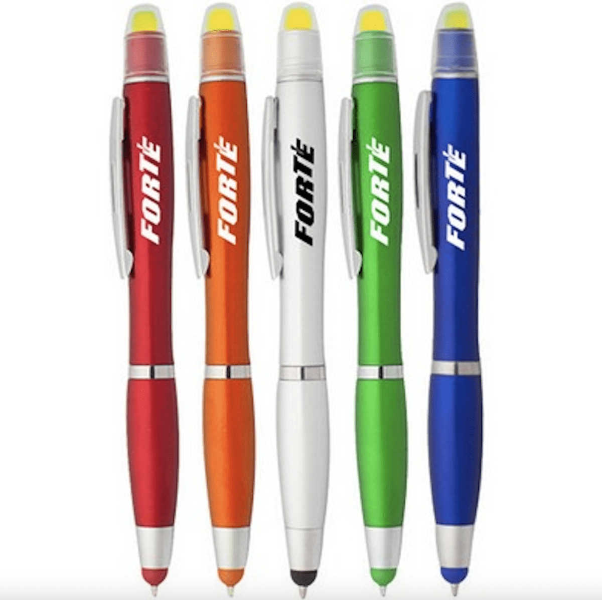A collection of five gel highlighter stylus pens in red, orange, white, green, and blue, each featuring a logo. Gel Highlighter Stylus Pen - Image 1