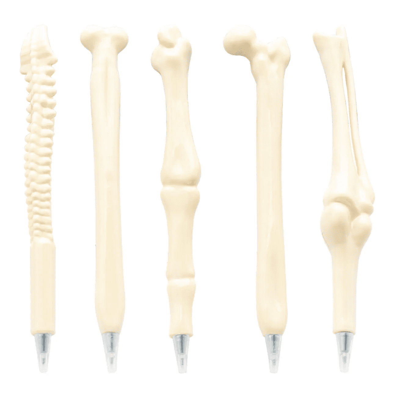 Five plastic pens designed in the shape of bones, primarily in cream or ivory tones, with a metallic tip. Femur Bone Pen - Image 1