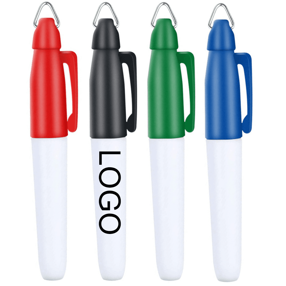 Mini markers in red, black, green, and blue with a key chain clip, featuring a branding logo on one. Mini Markers With Key Chain Clip - Image 1