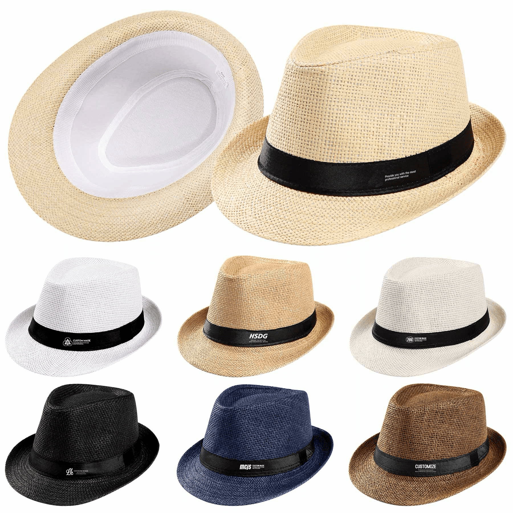 Eight assorted Panama hats in various colours, including beige, white, tan, black, and blue, featuring distinct bands and an inner lining. Panama Hat - Image 1
