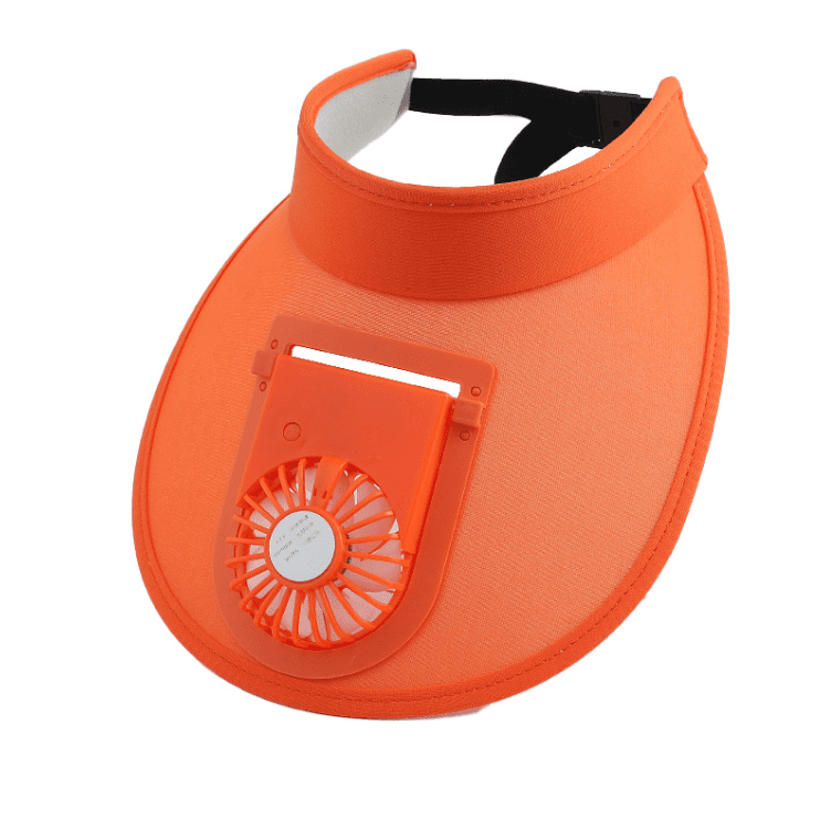 An orange visor hat with an attached fan, featuring an adjustable strap and a logo on the side. 2 in 1 Fan Visor Hat - Image 1
